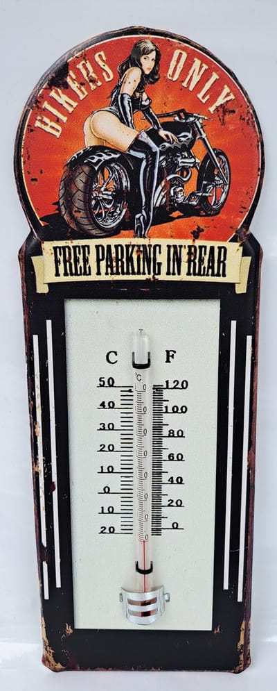Blikken thermometer HK178 Bikers Only Free Parking In Rear voor binnen of buiten hoogte 30 cm - celsius en fahrenheit - nostalgic vintage