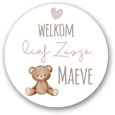 25x Sluitstickers geboorte met naam Beer - Roze – 4 cm | Gepersonaliseerde stickers voor geboortekaartjes, traktaties en bedankjes - Pimp Studio