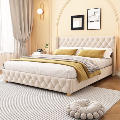 Wishdor – Gestoffeerd Bed 180x200 cm – Geknoopt Hoofdbord met Vleugels – Luxe Chesterfield Stijl – Fluweel – Lichtbeige