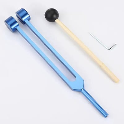 De stemvork voor healing (21,5 cm blauw + stemhamer + zeshoekige lepel) is een onmisbaar item voor yoga en healing/klanktherapie.
