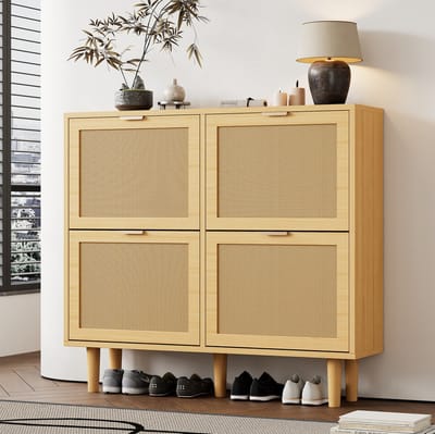 DESMIU Schoenenkast - 4 Kleppen Met Rotanlook - Ruimtebesparend Voor Hal En Slaapkamer - Spaanplaat - 100x25x90 Cm - Licht Eiken