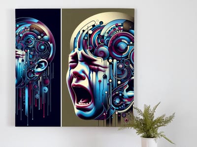 Modern huilend kind schilderij | Tranen van de toekomst: Hedendaags kunstwerk met huilend kind | Kunst - 100x100 centimeter op Canvas | Foto op Canvas