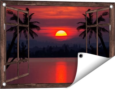 Gards Tuinposter Doorkijk Zonsondergang op het Strand met Palmbomen - 60x40 cm - Tuindoek - Tuindecoratie - Wanddecoratie buiten - Tuinschilderij