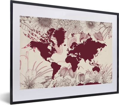 Poster in lijst - Fotolijst 60x40 cm - Posters - Wereldkaart - Rood - Bloemen - Posterlijst zwart - Decoratie - Wanddecoratie woonkamer - Muurdecoratie slaapkamer