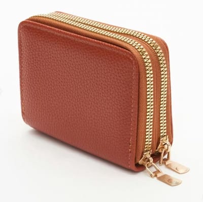 Portemonnee - Pasjeshouder - Dubbele rits - Meerdere vakken - Imitatieleer - PU leder - Money wallet - Papier en muntgeld - Contant geld opbergen - Bruin - Gouden afwerking - 11x8 cm - Jonyx