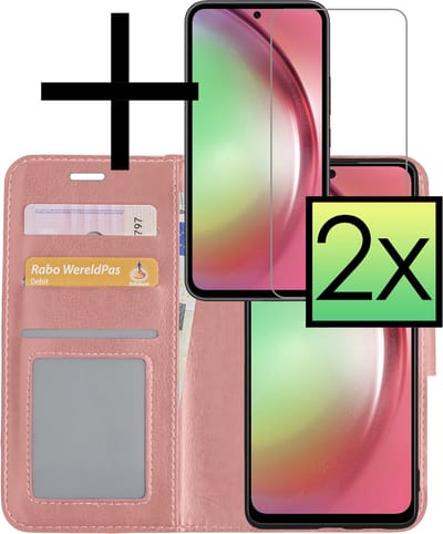 Hoesje - Met 2x Screenprotector - Geschikt voor Samsung Galaxy A54 - Luxe Pasjeshouder - Bookcase Portemonee - Flip Case - Kunstleer Book Case - Flipcase Hoes - Book Cover - Walletcase - Portemonneehoes - Rosé goud