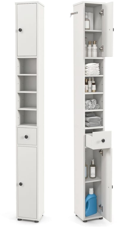 COSTWAY Badkamerkast met 2 deuren, 1 lade en verstelbare planken, hoge badkamerkast, Smal opbergkast ruimtebesparend voor badkamer, woonkamer, 20 x 20 x 180 cm, wit