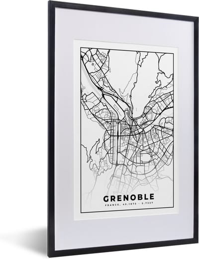 Fotolijst incl. Poster Zwart Wit- Stadskaart - Plattegrond - Grenoble - Kaart - Frankrijk - Zwart wit - 40x60 cm - Posterlijst