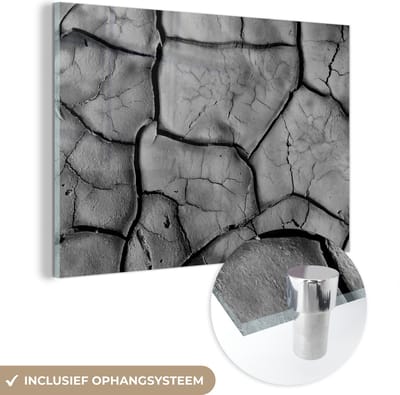 Glasschilderij - Zwart - Wit - Klei - Steen - 150x100 cm - Schilderij glas - Kamerdecoratie