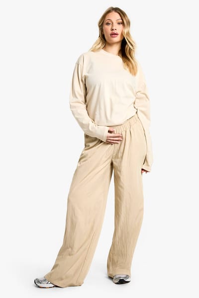 boohoo Dames Zwangerschapsbroek van nylon met elastische, wijde pijpen | Steen | Maat: 46