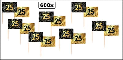 600x Cocktailprikkers 25 jaar goud/zwart - Vlag prikker Jubileum verjaardag thema feest bruiloft cocktail prikker