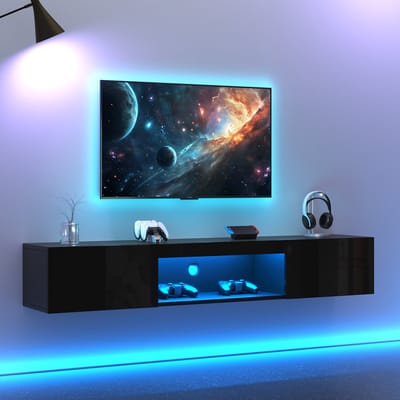 HAUSS SPOLE TV-Meubel - Hoogglans Met LED Bluetooth-App - Muurbevestigd Voor Tot 70 Inch, 35 Kg - MDF/Spaanplaat - 160x31x22 cm - Zwart