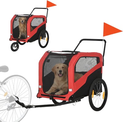 PawHut 2-in-1 Hundeanhänger, Fahrradanhänger für Hunde, Hundewagen mit Reflektoren, Hundebuggy max. 30 kg, Hundefahrradanhänger für Große Hunde, Oxford-Gewebe, Rot