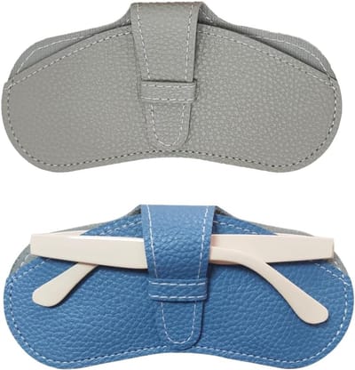 Zachte lederen zonnebrillenetui set van 2, slanke brillenkoker voor reizen, lichtgewicht beschermhoes met krasbescherming en zachte voering (grijs, blauw)