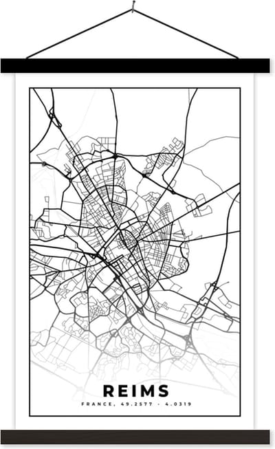Posterhanger incl. Poster 40x60 cm - Schoolplaat - Kaart - Plattegrond - Reims - Frankrijk - Stadskaart - Zwart wit - Textielposter - Zwarte latten - Stadskaart