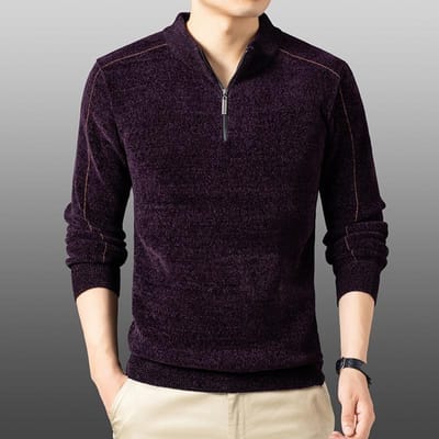Pull Homme Velours Chenille Hiver Nouveau T-shirt Épais Chaud Zippé à Mi-Hauteur Couleur Unie Sous-Pull XL black