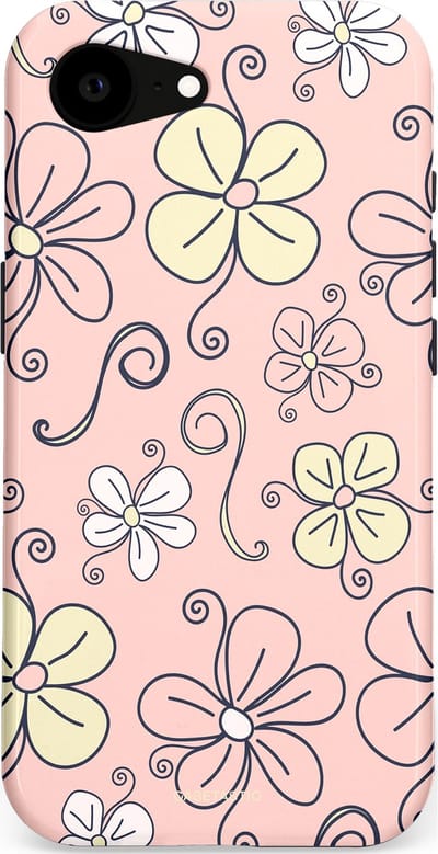Casetastic hoesje geschikt voor Apple iPhone 16e / Apple iPhone 17e - MagSafe - Dubbellaagse bescherming - Pastel Perzik Doodle Peach Bloemen - Fashion Case - Zand Zilver Lichtroze