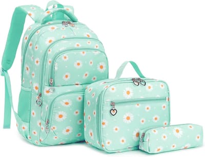 Ultiluxe® Rugzak met madeliefjesprint - Groen/wit - Rugtas, lunchtas en etui - Schoolrugzak voor kinderen - Madeliefjes schoolrugtas - 15.6 inch laptoptas - 30 x 17 x 44 cm - Meiden school tassen set - 22 L - Schooltas voor meisjes