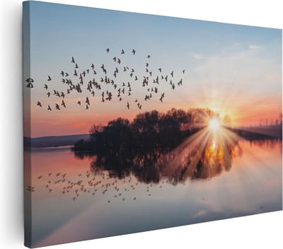 Artaza Canvas Schilderij Vogels - 30x20 cm - Klein - Wanddecoratie Zonsondergang - Muurdecoratie Natuur - Schilderijen Op Canvas
