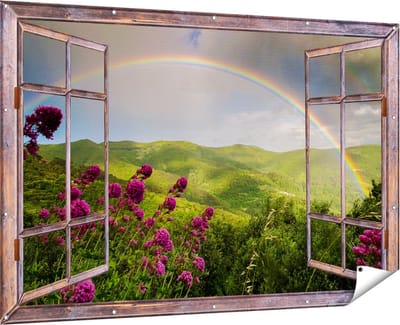 Gards Tuinposter Doorkijk Regenboog in de Heuvel Bossen - 180x120 cm - Tuindoek - Tuindecoratie - Wanddecoratie buiten - Tuinschilderij