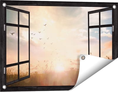 Gards Tuinposter Doorkijk Silhouet Vogels tijdens Zonsopkomst - 60x40 cm - Tuindoek - Tuindecoratie - Wanddecoratie buiten - Tuinschilderij