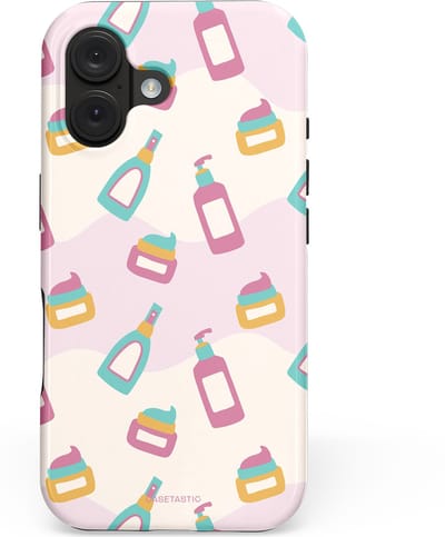Casetastic hoesje geschikt voor Apple iPhone 16 - MagSafe - Dubbellaagse bescherming - Bubbels & Borstels - Clean Girl - Makeup - Fashion Case - Wit Lichtgrijs Lichtroze