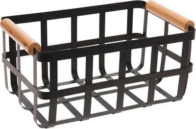 Metalen opbergmand met bamboe handgrepen - Boerderij stijl, decoratief en rustiek - Zwart, groot