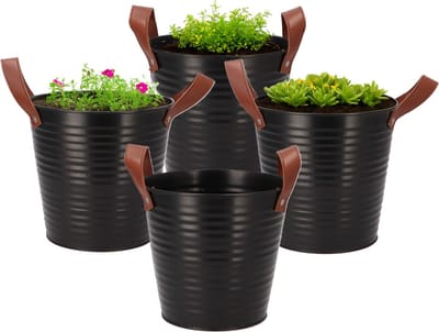 DK Design Plantenpot/bloempot emmer Leather- 4x - zink - zwart - D18 x H17 cm
