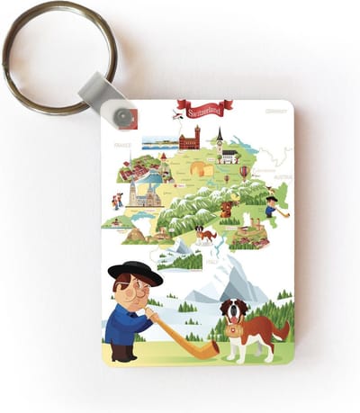 Sleutelhanger - Kaart van Zwitserland met illustraties - Uitdeelcadeautjes - Plastic