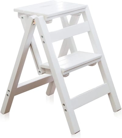 Houten Opstap Stoel - Ladder Stoel - Huis Opruimen - Inklapbaar Compact - 2 Treden - Wit