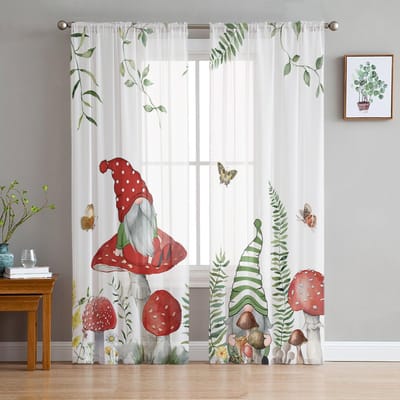 Lente Paddenstoel Wilde Bloemen Dwerg Tule Gordijnen Voor Woonkamer Slaapkamer Voile Transparant Gordijn Raam Huisdecoratie Gordijnen 135W x 114H(cm) white