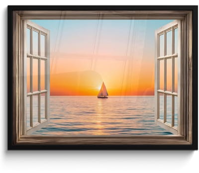 Poster in lijst - Fotolijst 80x60 cm - Posters - Doorkijk - Zee - Boot - Zonsondergang - Posterlijst zwart - Decoratie - Wanddecoratie woonkamer - Muurdecoratie slaapkamer