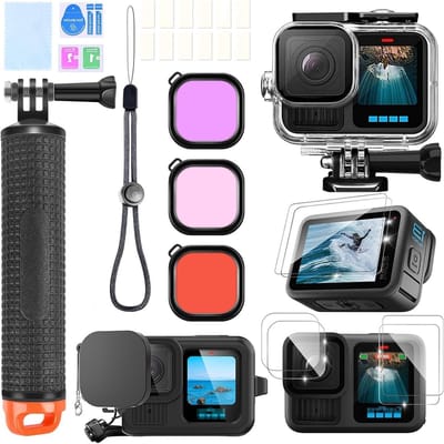 Accessoires voor actiecamera's: waterdichte behuizing, drijvende grip, schermbeschermers, siliconen hoes, rode filters en anti-condens inserts