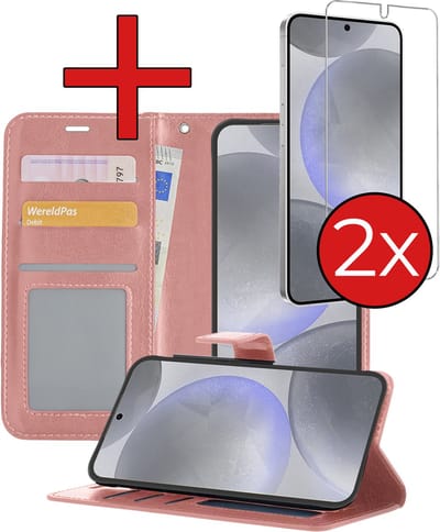 Hoesje - Met 2x Screenprotector - Geschikt voor Samsung Galaxy S24 - Luxe Pasjeshouder - Flip Case - Bookcase Portemonee - Kunstleer Book Case - Flipcase Hoes - Book Cover - Walletcase - Portemonneehoes - Telefoonhoes - Rosé goud