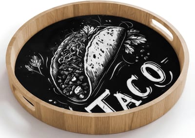 Dienblad rond 40x40 cm - Schootdienblad hout - Taco - Kruiden - Witte krijtstijl - Tekst - Borrelplank rechthoek - Plateau houten dienbladen