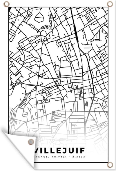 Muurdecoratie Stadskaart - Frankrijk - Villejuif - Kaart - Plattegrond - Zwart wit - 120x180 cm - Tuinposter - Tuindoek