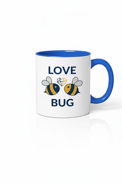 Love Bug Mok | Schattige Bijen Koffiemok met Blauw Handvat | Liefdevol Cadeau voor Geliefden