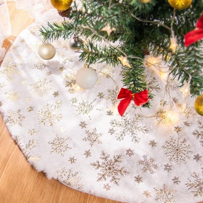 Grote ronde kerstboomdeken van nepbont met sneeuwvlokken, 48 inch, ideaal voor kerstdecoratie en als vloerkleed onder de kerstboom