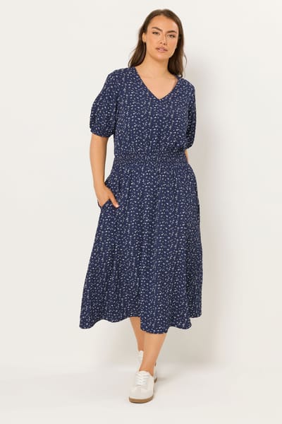 Yours Marineblauwe Smockjurk Met Fijne Bloemenprint Size 42