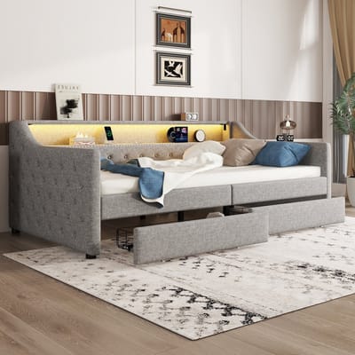 REDOM Daybed 90x200 cm – Grijs Linnen – LED met Afstandsbediening & USB – 2 Laden – 12 Latten – 272 kg