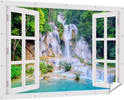 Gards Tuinposter Doorkijk Waterval in het Tropische Natuur - 180x120 cm - Tuindoek - Tuindecoratie - Wanddecoratie buiten - Tuinschilderij