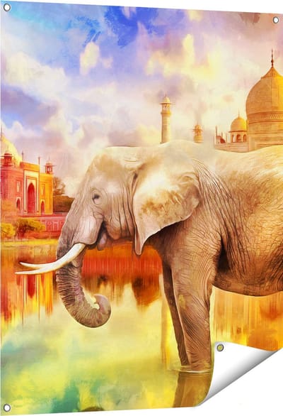 Gards Tuinposter Getekende Olifant bij Taj Mahal - Abstract - 80x100 cm - Tuindoek - Tuindecoratie - Wanddecoratie buiten - Tuinschilderij