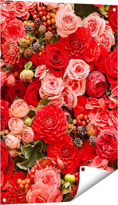 Gards Tuinposter Rode en Roze Bloemen met Fruit - Abstract - 60x90 cm - Tuindoek - Tuindecoratie - Wanddecoratie buiten - Tuinschilderij