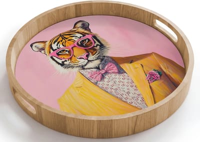 Dienblad rond 40x40 cm - Schootdienblad hout - Tijger - Bril - Geel - Jasje - Borrelplank rechthoek - Plateau houten dienbladen