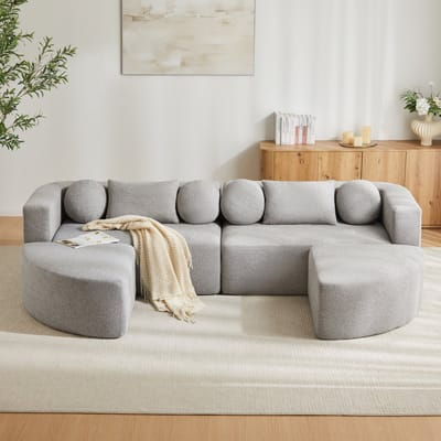 4-Zitsbank, Moderne Hoekbank, U-Bank, Modulaire Slaapbank met Slaapfunctie, Volledig Gecomprimeerde Wolkenbank, Chenille, Geen Montage, B292 x D165x H68 cm-Grijs