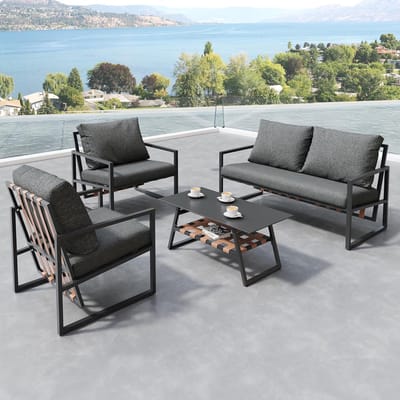 Tuinmeubelset 5-delig 120x64x74 cm met 2-zitsbank, 2 stoelen en salontafel – Moderne Loungeset met Comfortabele Kussens, Stalen Frame en Touwdesign – Zwart – Urbanhome