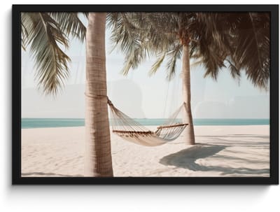 Poster in lijst - Fotolijst 60x40 cm - Posters - Hangmat - Palmbomen - Strand - Zee - Posterlijst zwart - Decoratie - Wanddecoratie woonkamer - Muurdecoratie slaapkamer