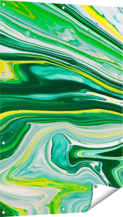 Gards Tuinposter Abstracte Kunst - Groen met Gele Verf - 80x120 cm - Tuindoek - Tuindecoratie - Wanddecoratie buiten - Tuinschilderij