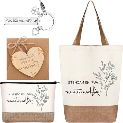 5-delige geschenkset voor afscheid van collega's: Jute tas, toilettas, gelukscharmsleutelhanger, gegraveerde houten hartjes en envelop voor vrienden en reizigers
