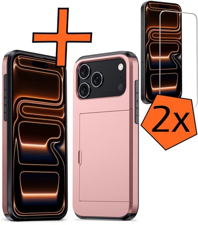 Hoesje Geschikt voor iPhone 17 Pro / 18 Pro Hoesje Pasjeshouder Shockproof Hard Case Met 2x Screenprotector - Hoesje Geschikt voor iPhone 17 Pro / 18 Pro Hoes Met Kaarthouder - Rosé goud